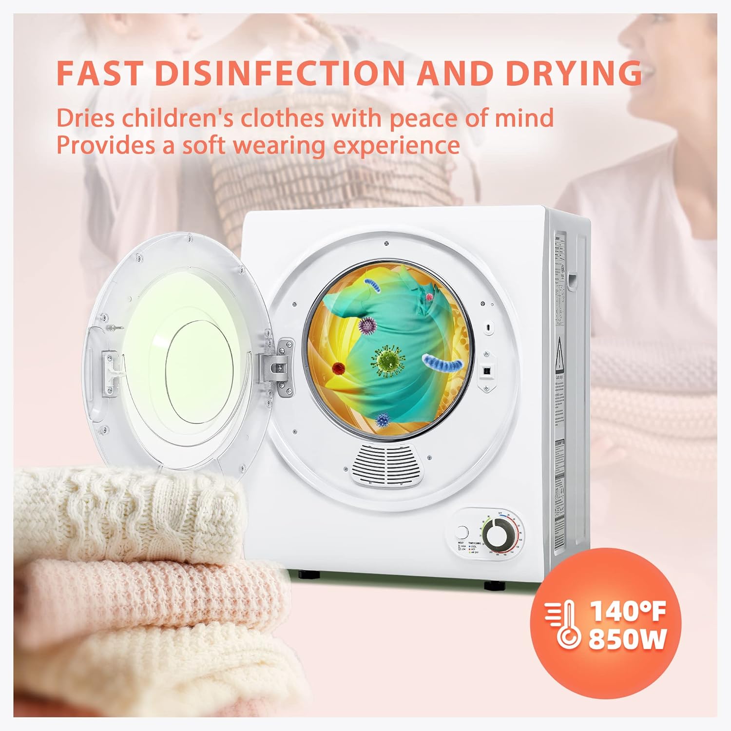 Highlights the dryer's ability to quickly disinfect and dry children's clothes, providing peace of mind and a soft wearing experience.