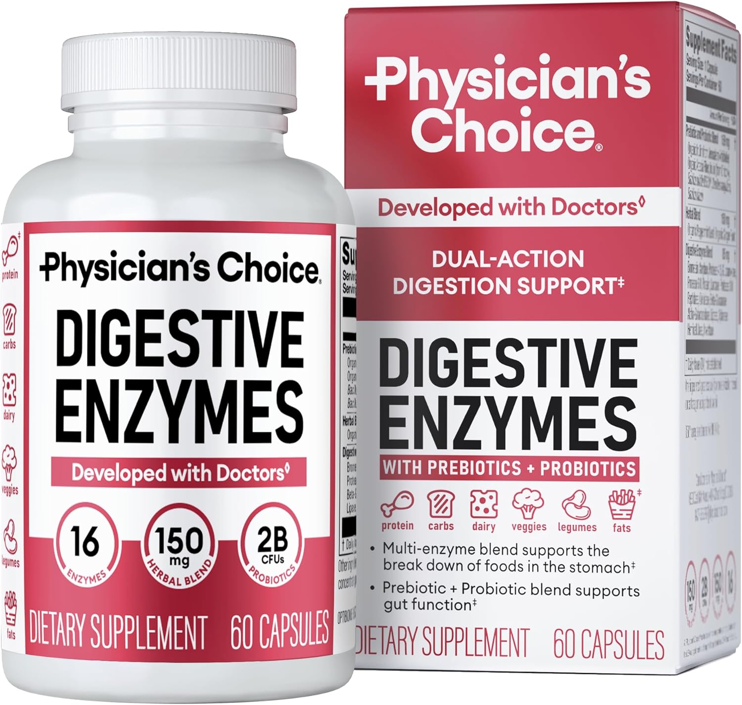 Highlights the dual-action formula with enzymes to aid digestion and prebiotics/probiotics to support gut health.