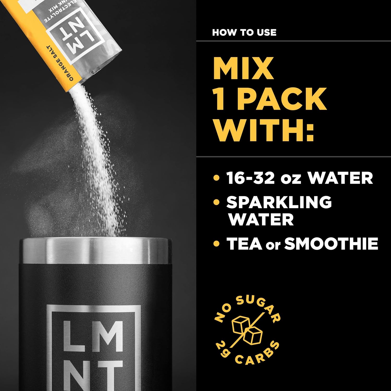 Explains how to use the product by showing mixing instructions with different liquids. Highlights that the product is sugar-free and low in carbs, appealing…