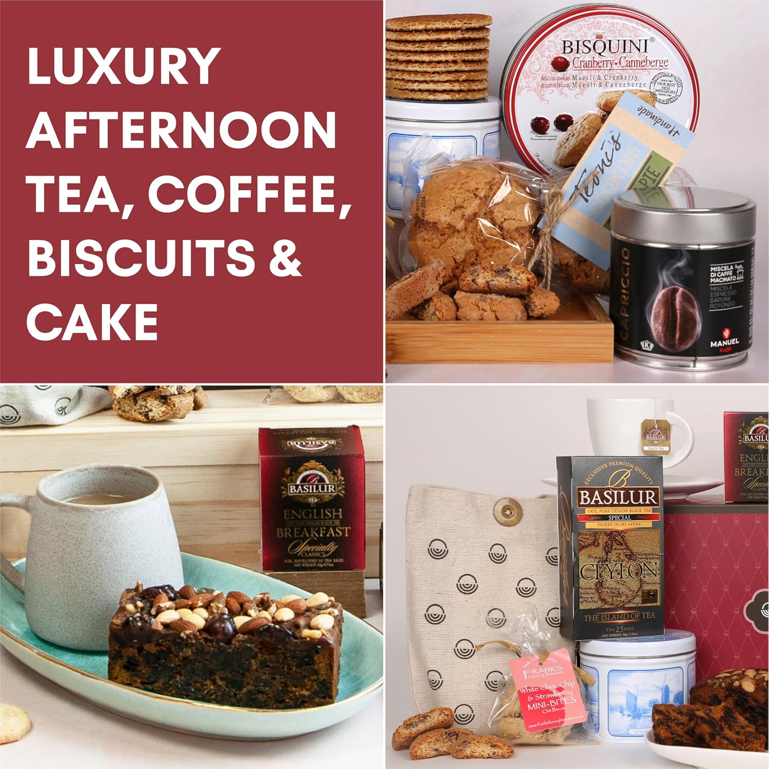 Shows the various items included in the luxury afternoon tea, coffee, biscuits & cake bundle.