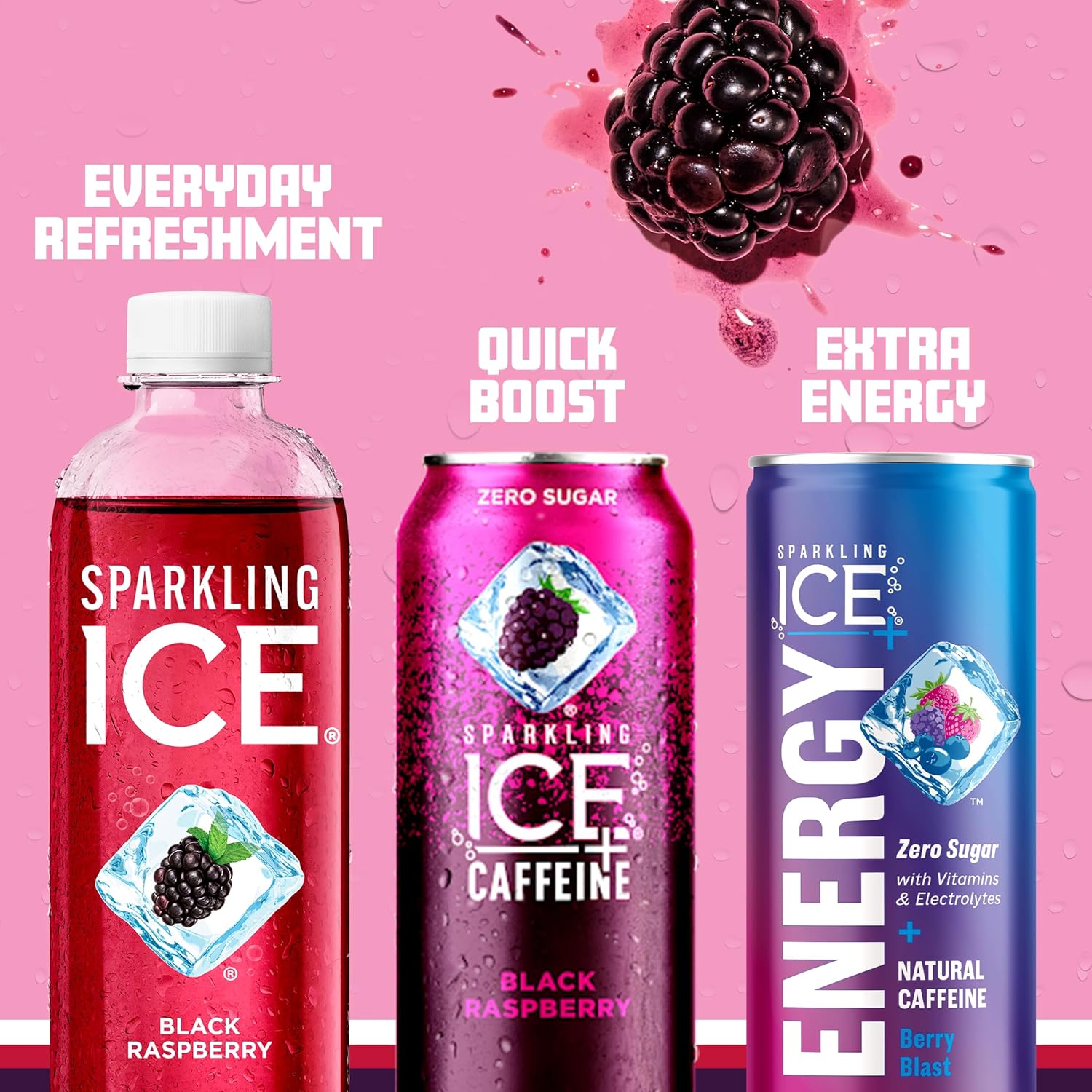 Showcases the different benefits of the Sparkling Ice product line - refreshment, caffeine boost, and added energy from vitamins and electrolytes.