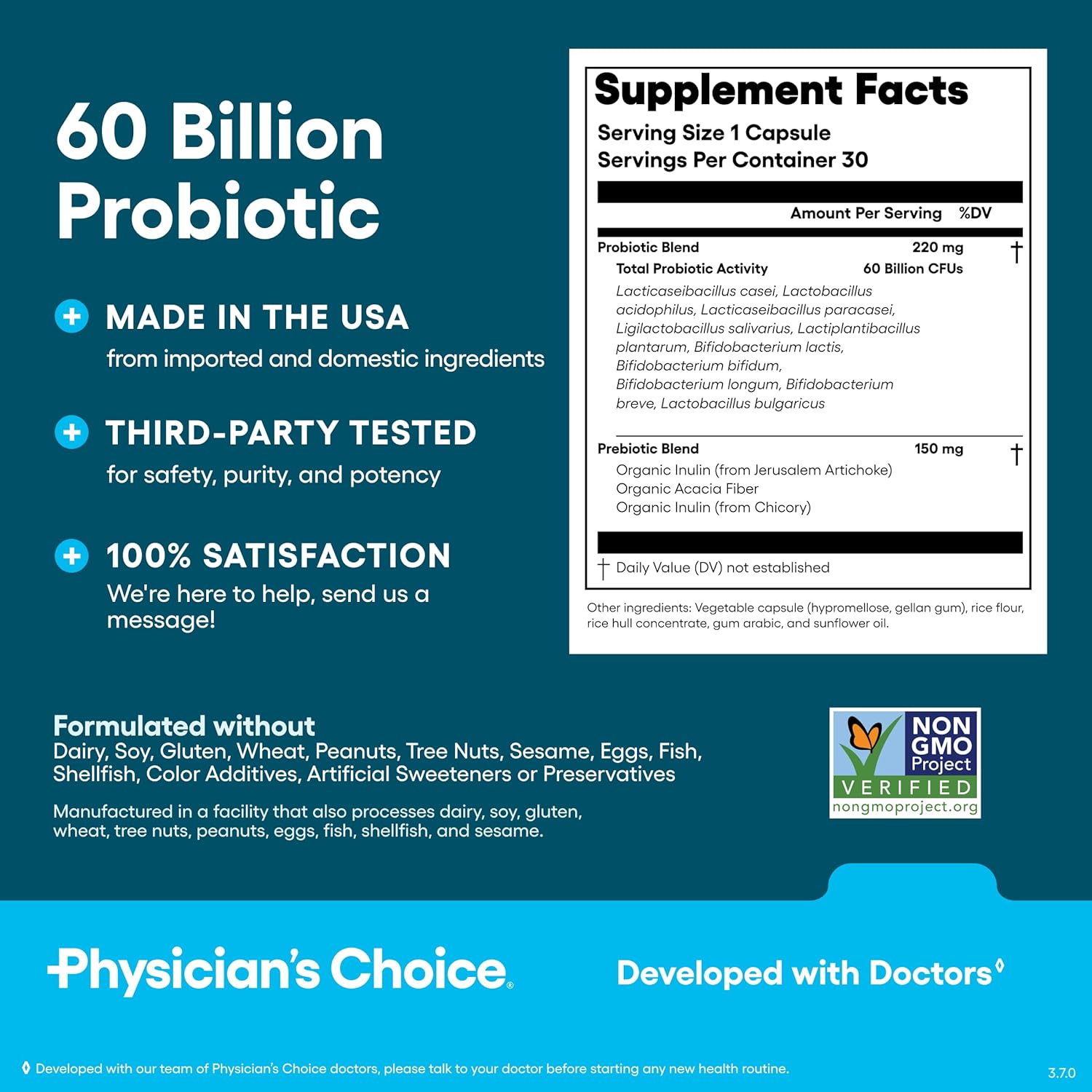 Highlights the product's high probiotic content, quality manufacturing, and suitability for those with dietary restrictions. Provides detailed information about the product's composition and serving…