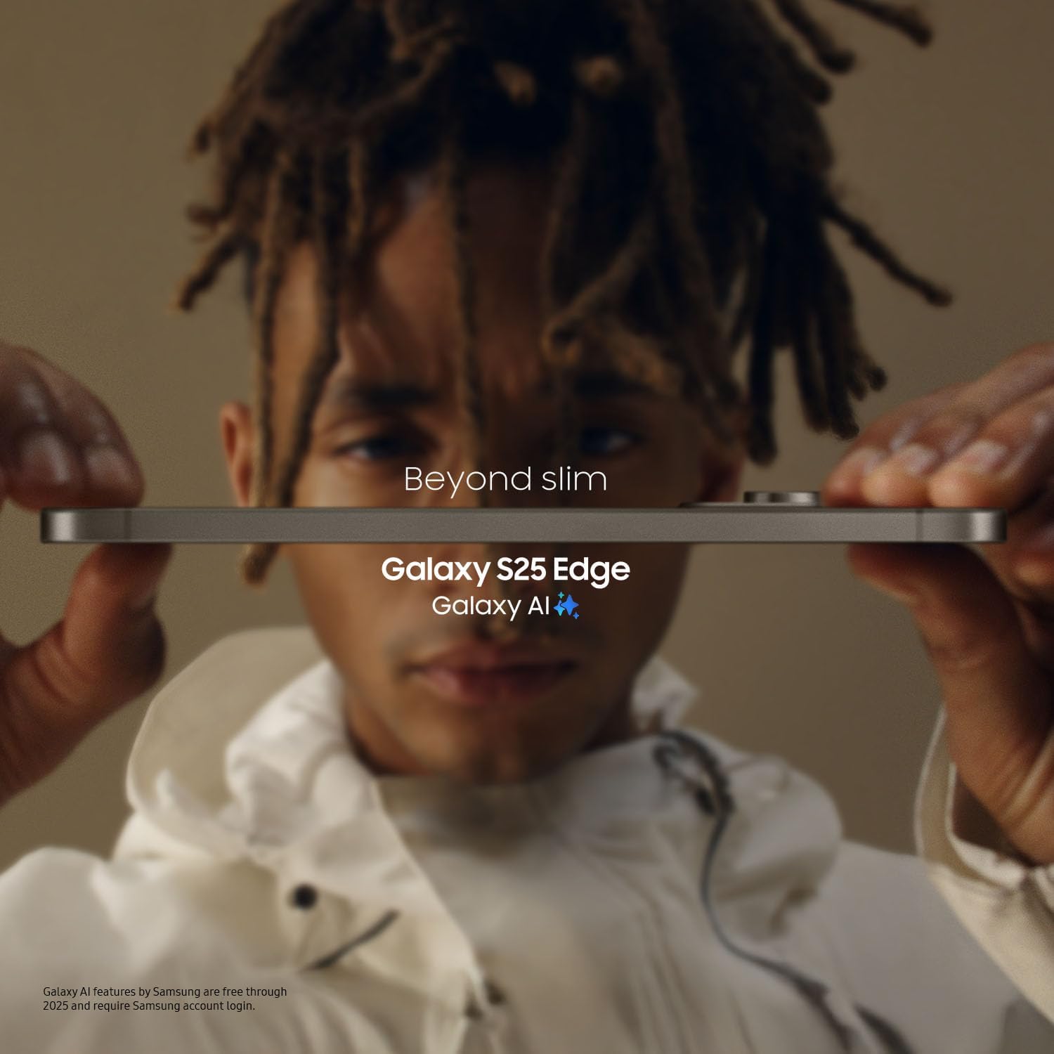 Emphasizes the extremely slim profile of the Galaxy S25 Edge smartphone, showcasing its sleek and modern design.