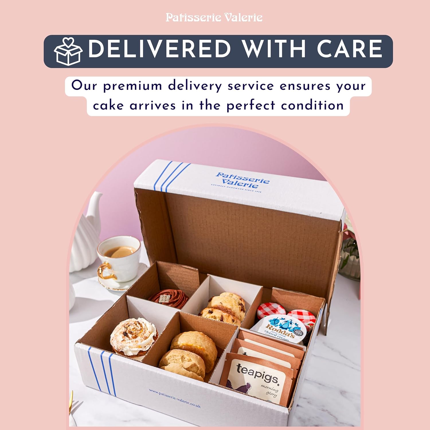 Shows the contents included in the delivery package, highlighting the baked goods and tea that customers will receive.
