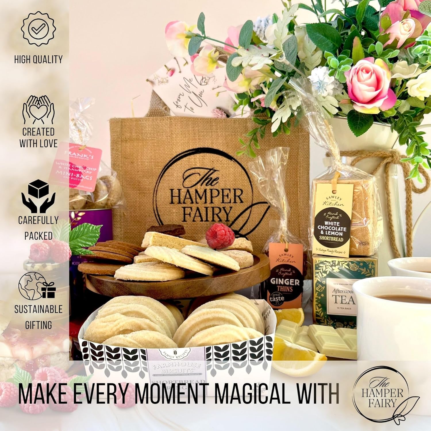 Shows the various items included in the gift basket to highlight the variety and appeal of the offering.