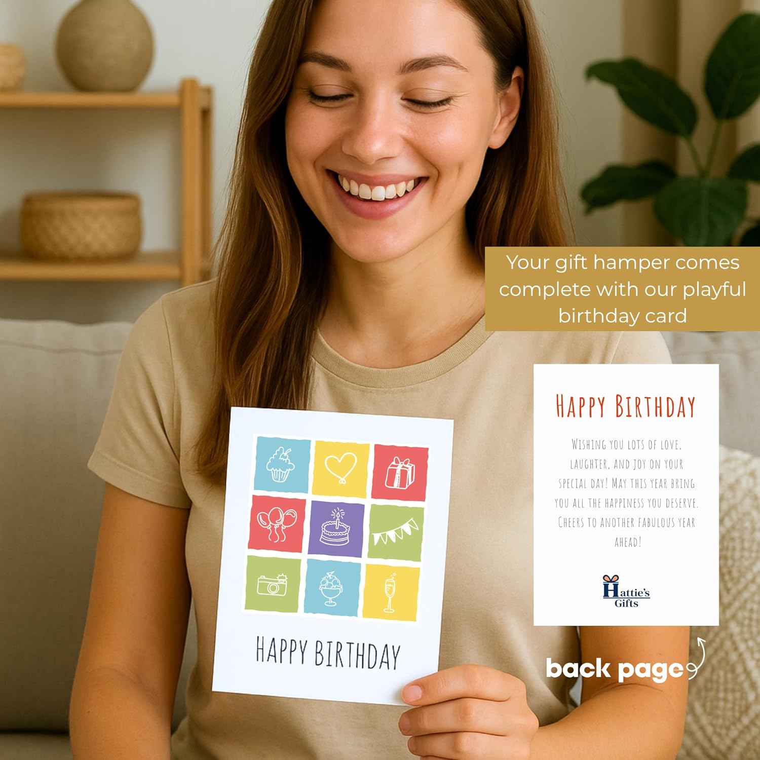 Shows that the gift hamper includes a playful birthday card, highlighting an additional item the customer receives.