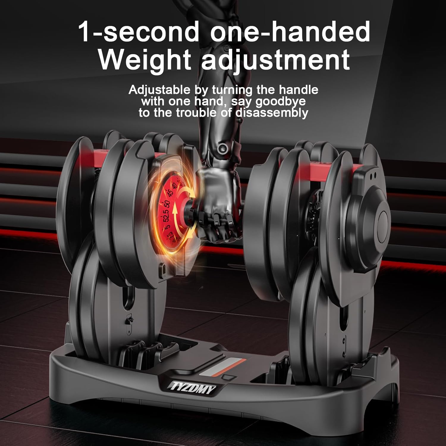 Demonstrates the ease and speed of adjusting the dumbbell weight with one hand in just 1 second