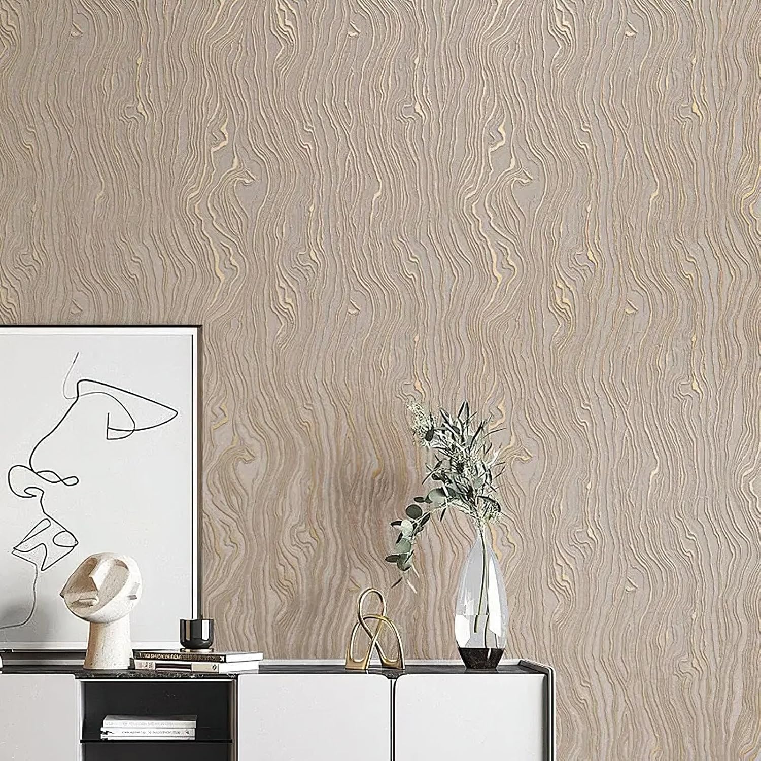 Secondary Images for Flarnadox Gold Khaki Wood Peel and Stick Wallpaper Stripe