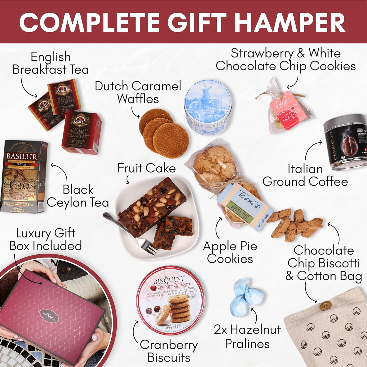 Shows all the items included in the complete gift hamper to inform customers of what they will receive.