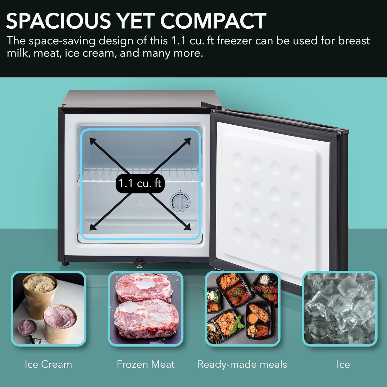 Highlights the freezer's compact 1.1 cu. ft. size while showcasing its versatility for storing different frozen items like ice cream, meat, meals, and ice.