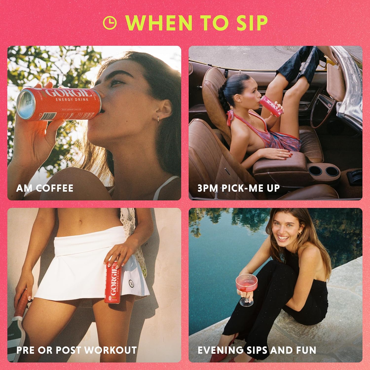 Demonstrates the different use cases and occasions when the energy drink product can be consumed throughout the day.