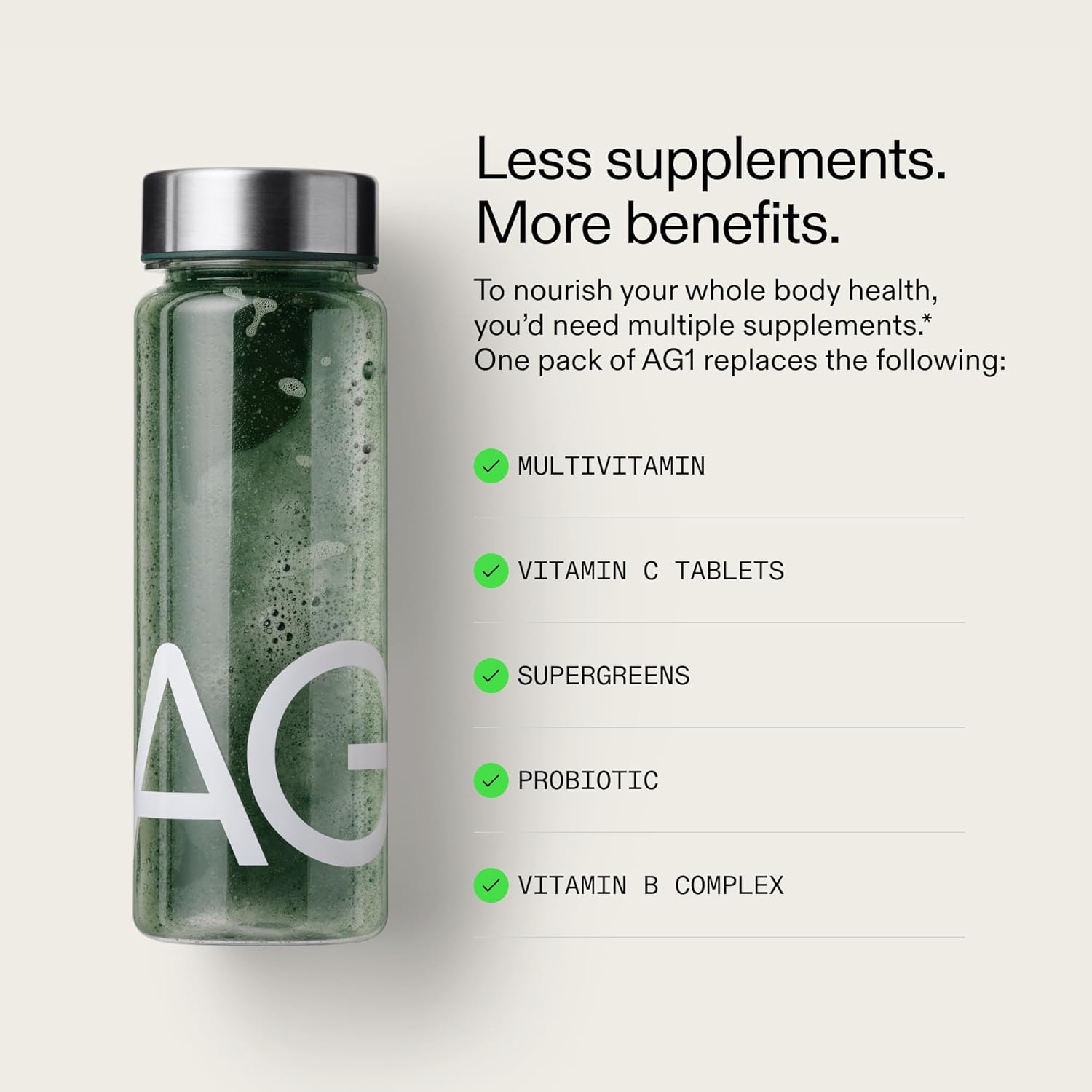 Demonstrates how AG1 replaces multiple individual supplements, emphasizing convenience and comprehensive nutrition.