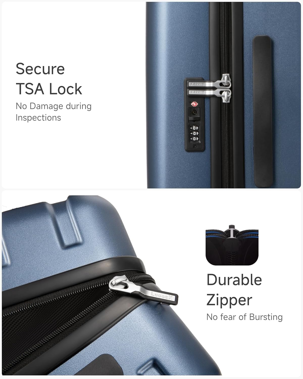 Highlights the suitcase's security features and durability to reassure travelers about the safety and longevity of their luggage.