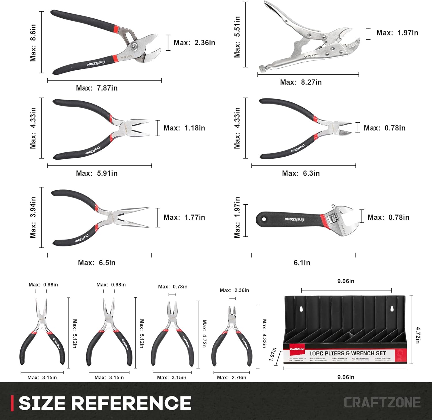 Secondary Images for 10PC Pliers and Wrench Set with Storage Rack