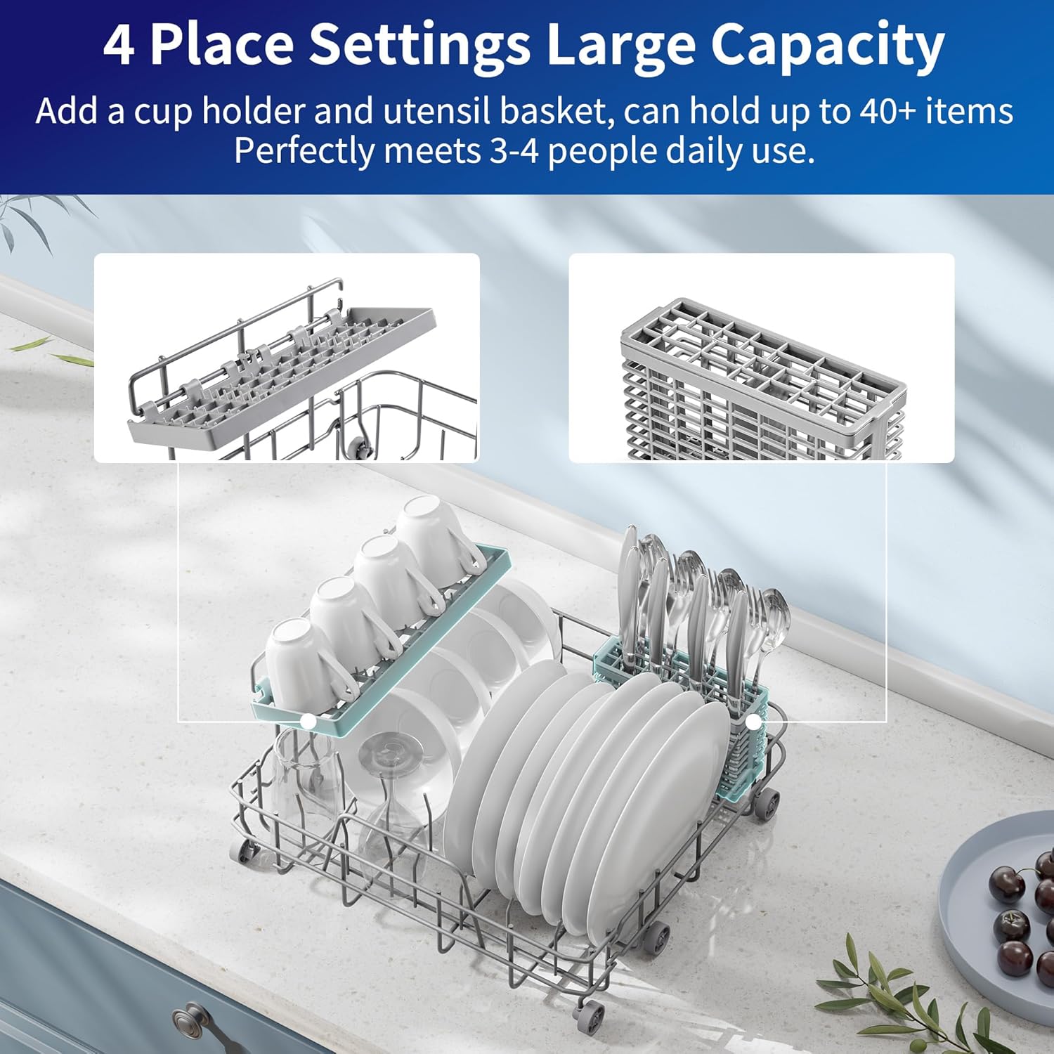 Highlights the dishwasher's large capacity by quantifying that it can hold 4 place settings and over 40 items, meeting the needs of 3-4 people's daily use.