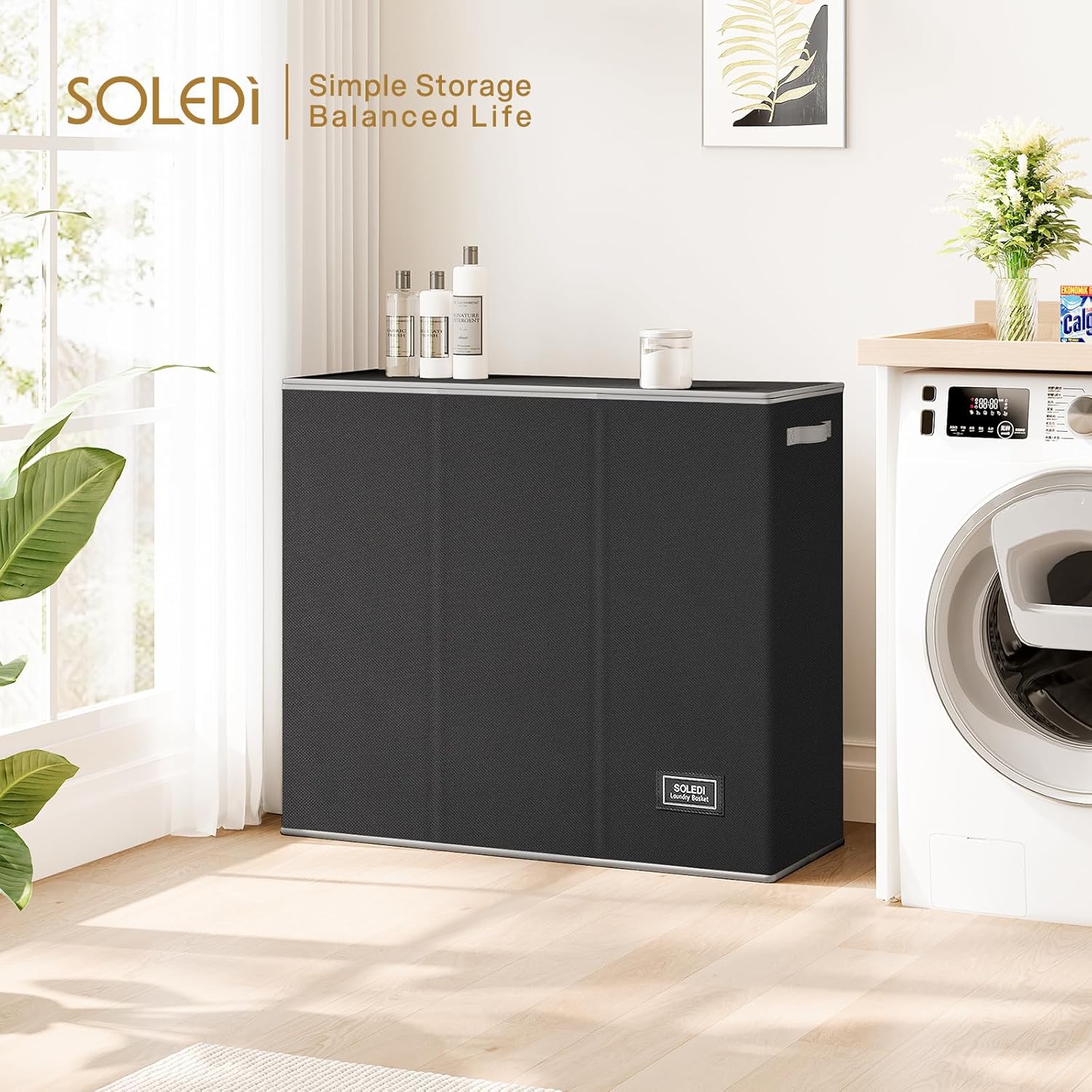 Shows the storage cabinet in a real-world laundry room setting to demonstrate how it can help organize and declutter the space.