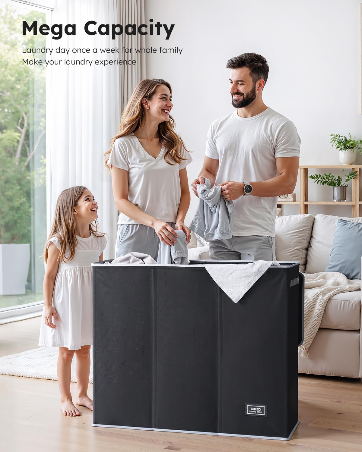 Highlights the product's large capacity, positioning it as suitable for handling laundry for an entire family in one load.