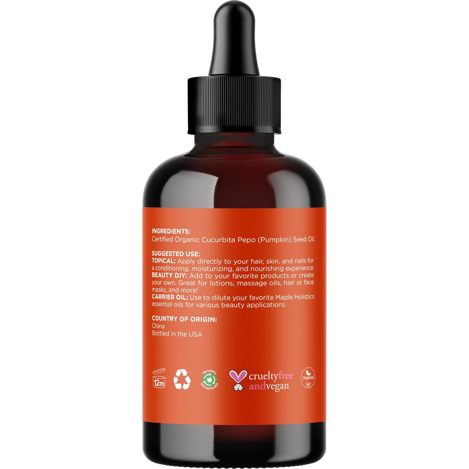 Highlights the key benefit of the pumpkin seed oil being certified organic, cruelty-free, and having multiple uses for hair, skin, and nails.
