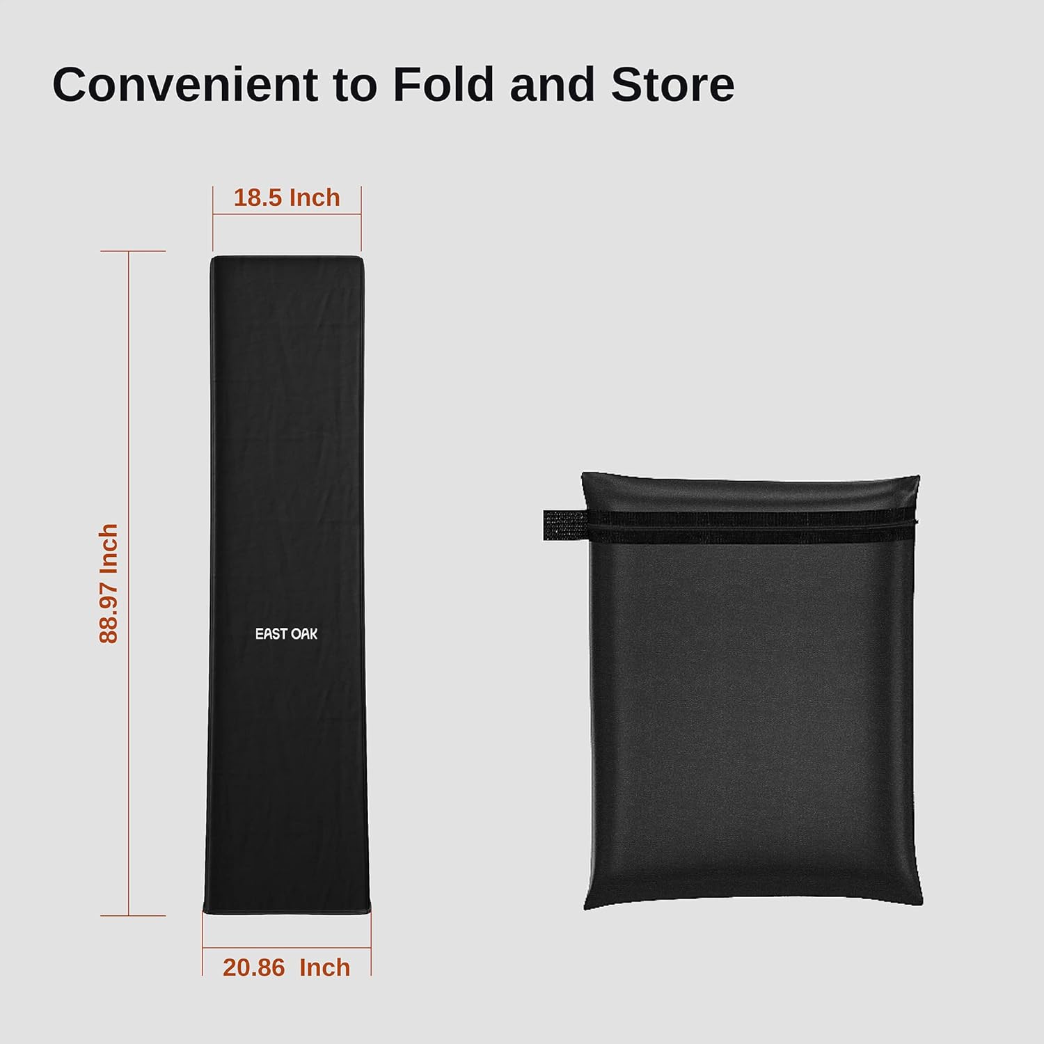 Highlights the product's compact folded size and dimensions to show how conveniently it can be stored when not in use.