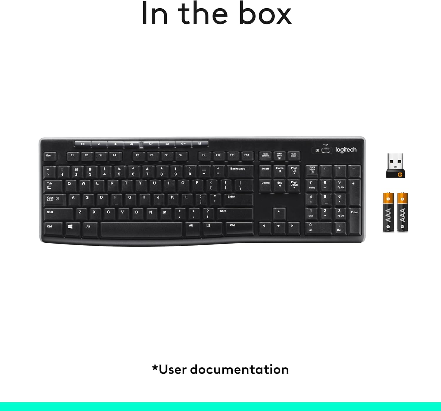 Shows the customer everything included in the box when purchasing this wireless keyboard.