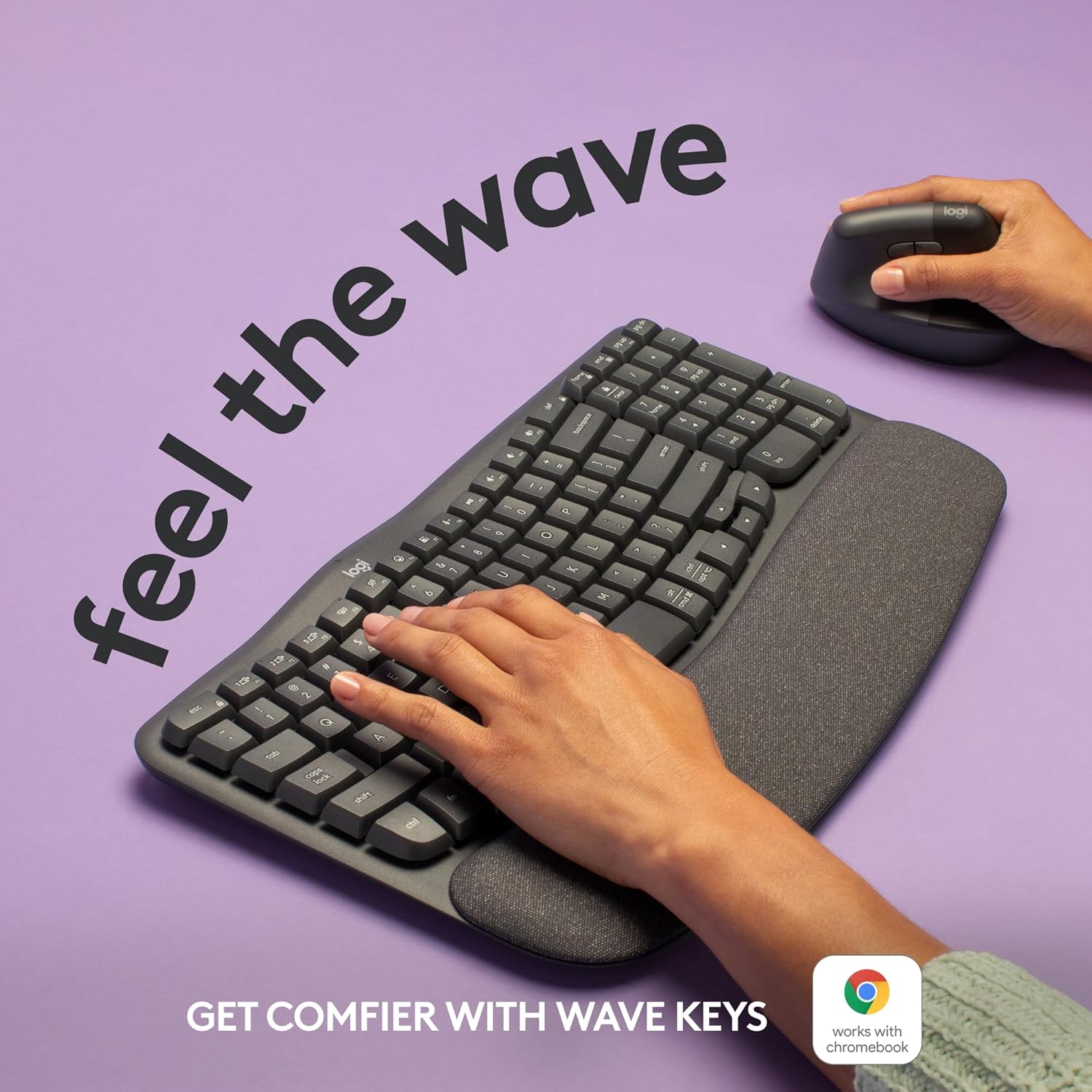 Highlights the keyboard's ergonomic wave design for increased comfort and typing ease.