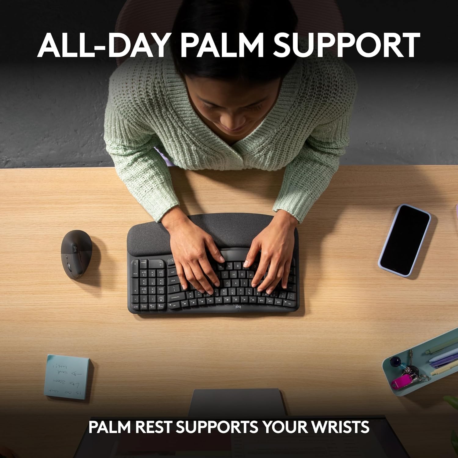 Highlights the ergonomic palm and wrist support feature of the product to help reduce strain and fatigue during extended computer use.