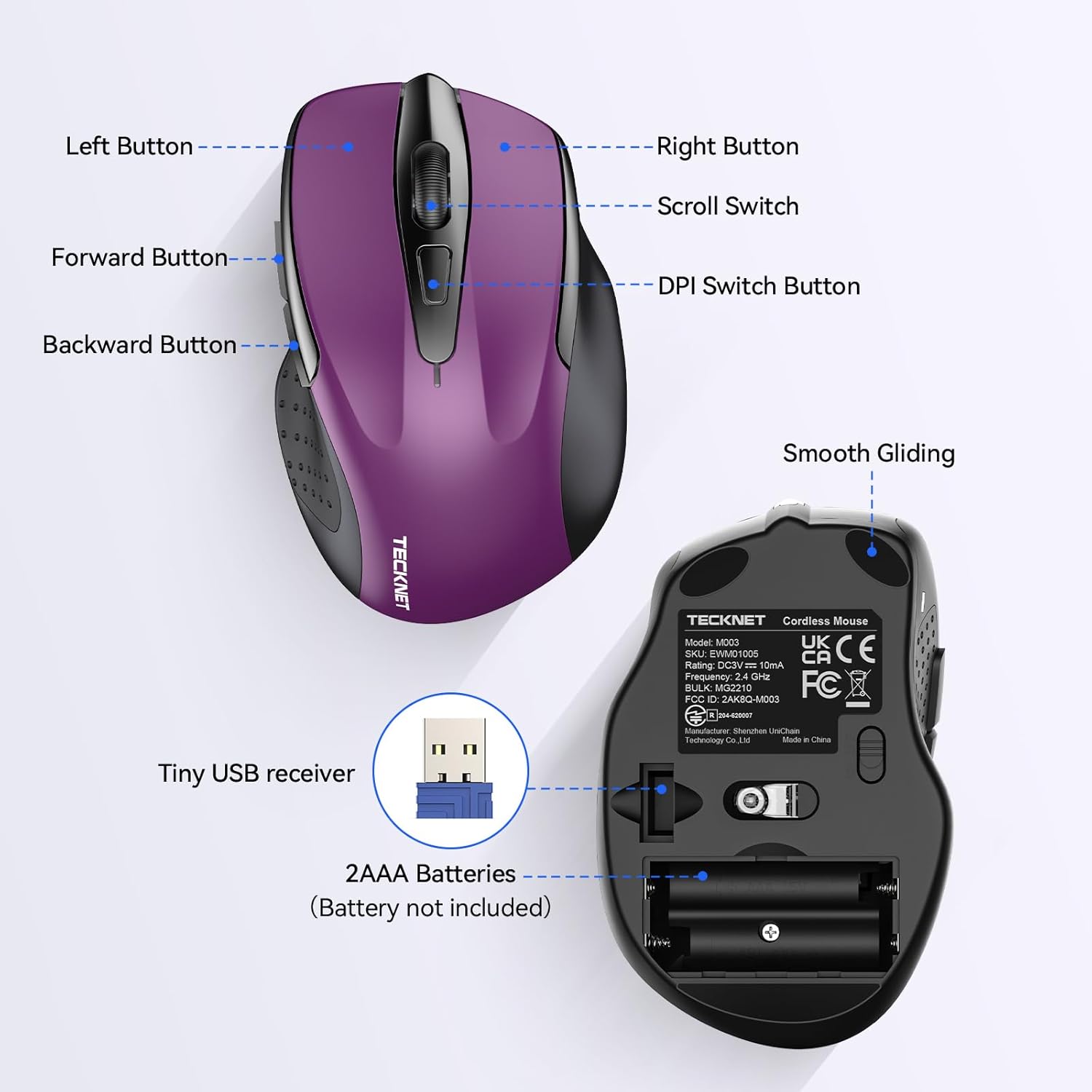 Explains the different buttons and features of the wireless mouse, as well as how to set it up with the USB receiver and batteries.