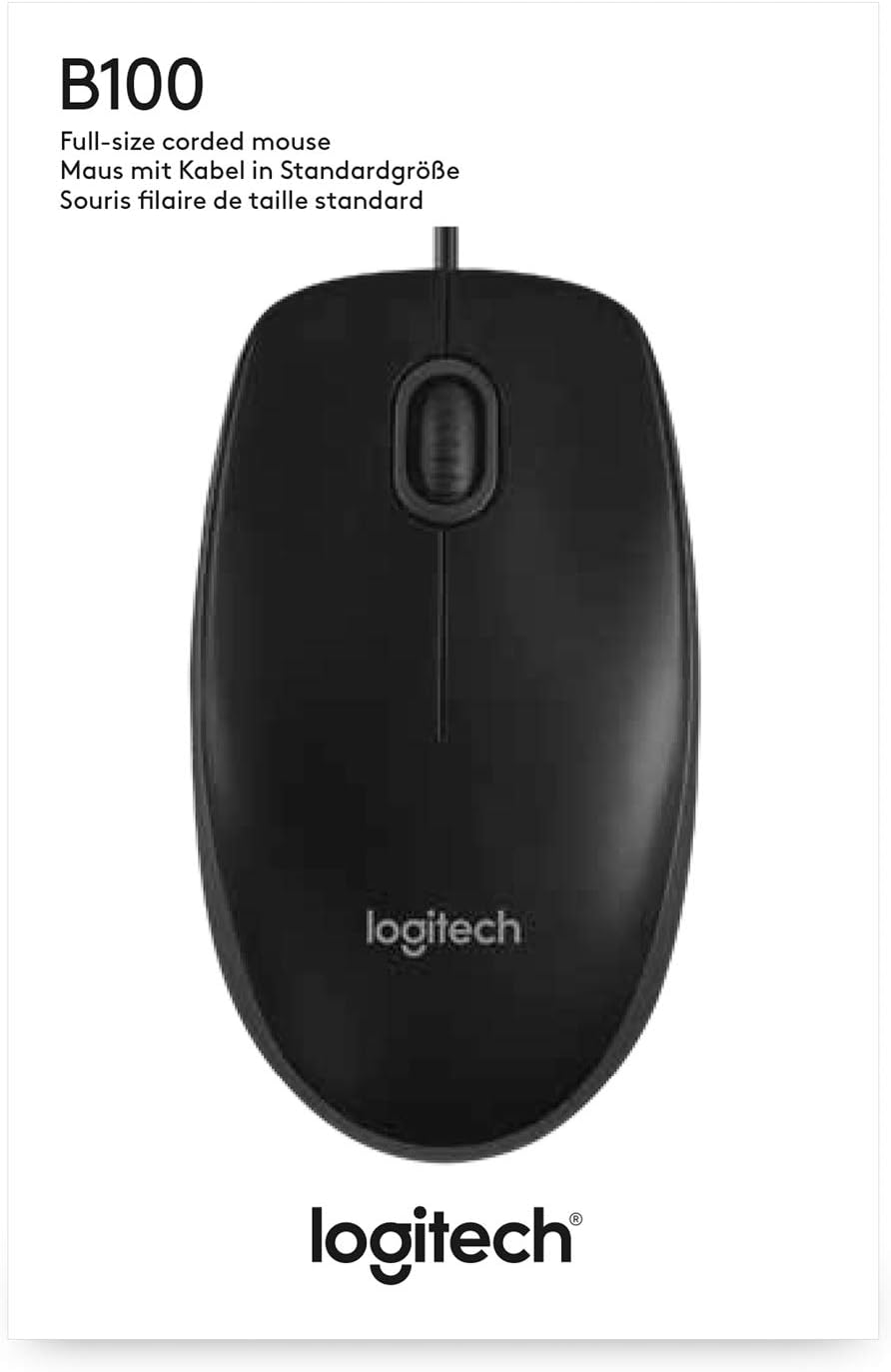 Emphasizes the Logitech brand and product name for a standard corded mouse.