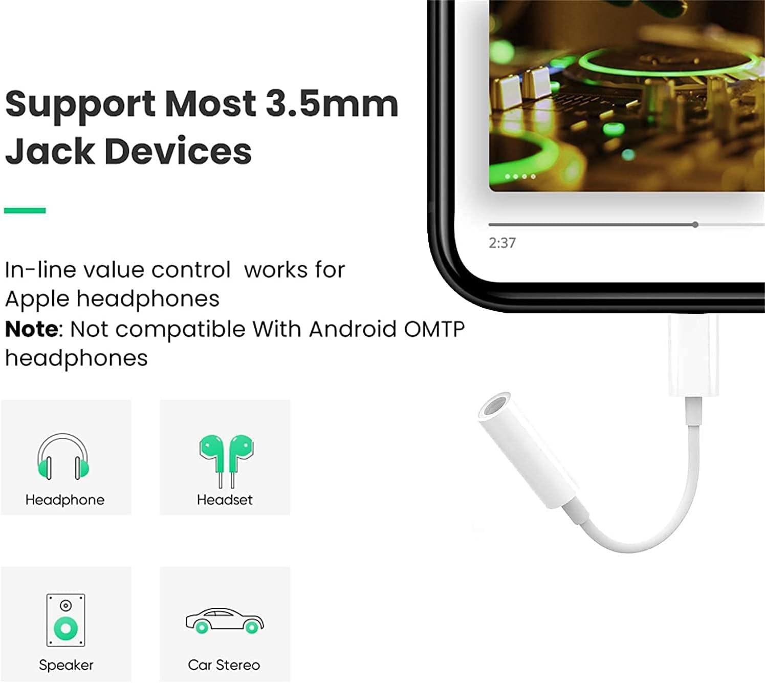 Clarifies the product's compatibility with 3.5mm audio devices and Apple headphones, while noting its incompatibility with Android OMTP headphones.