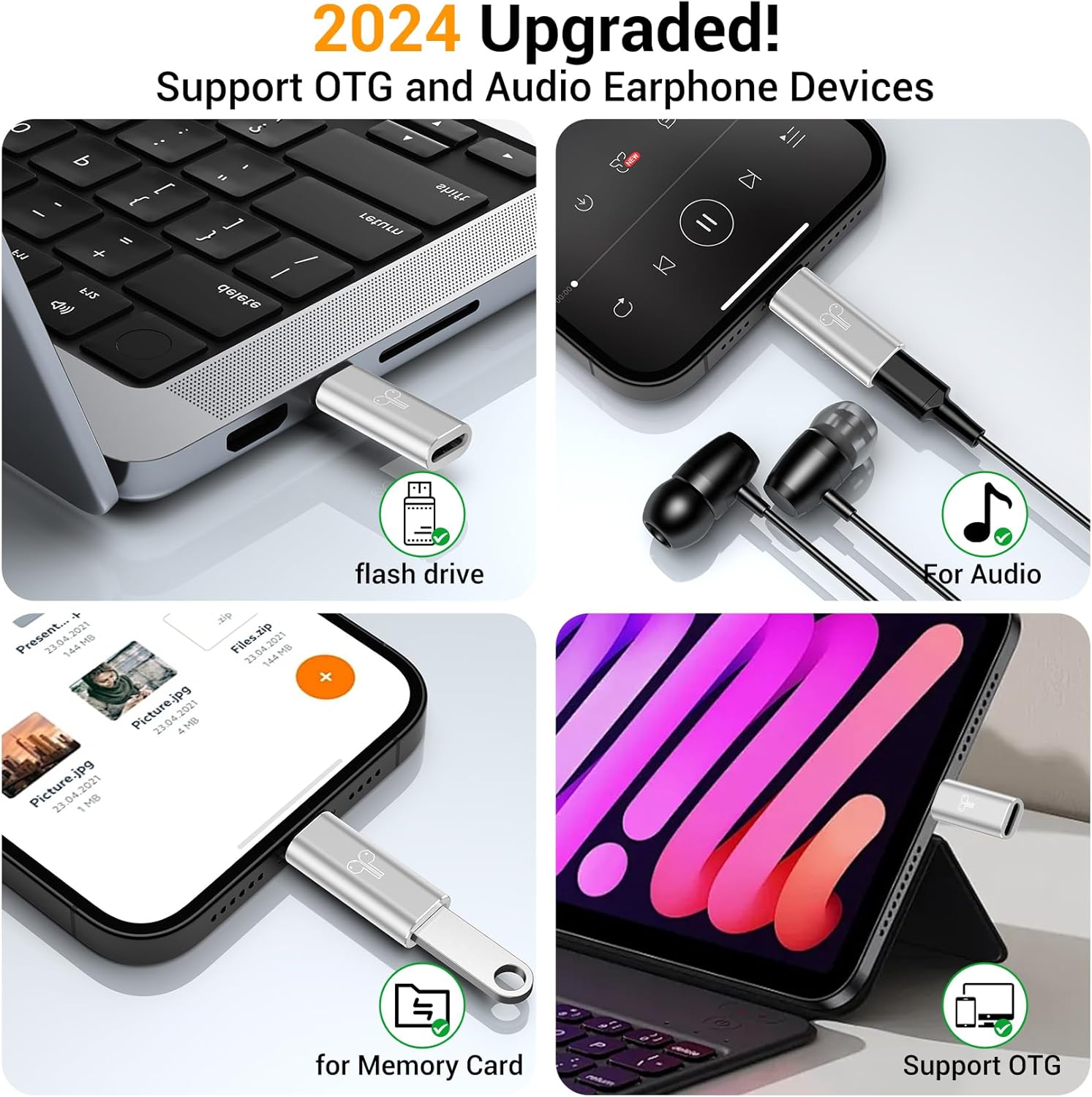 Highlights the product's versatility by showcasing its ability to support various devices and accessories like OTG, audio earphones, memory cards, and flash drives.