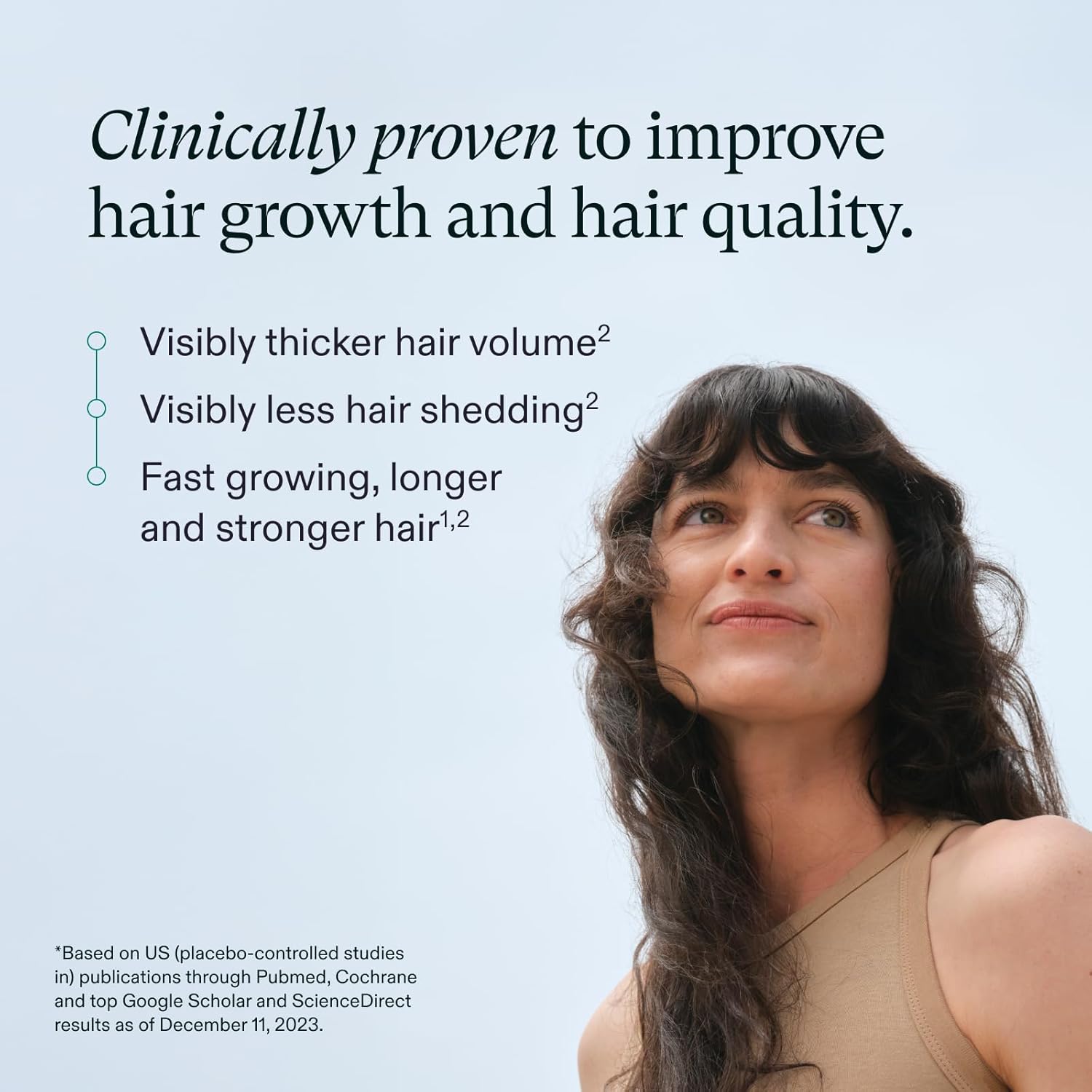 Highlights multiple benefits of the product for improving hair growth, volume, reducing shedding, and strengthening hair quality, backed by clinical studies.