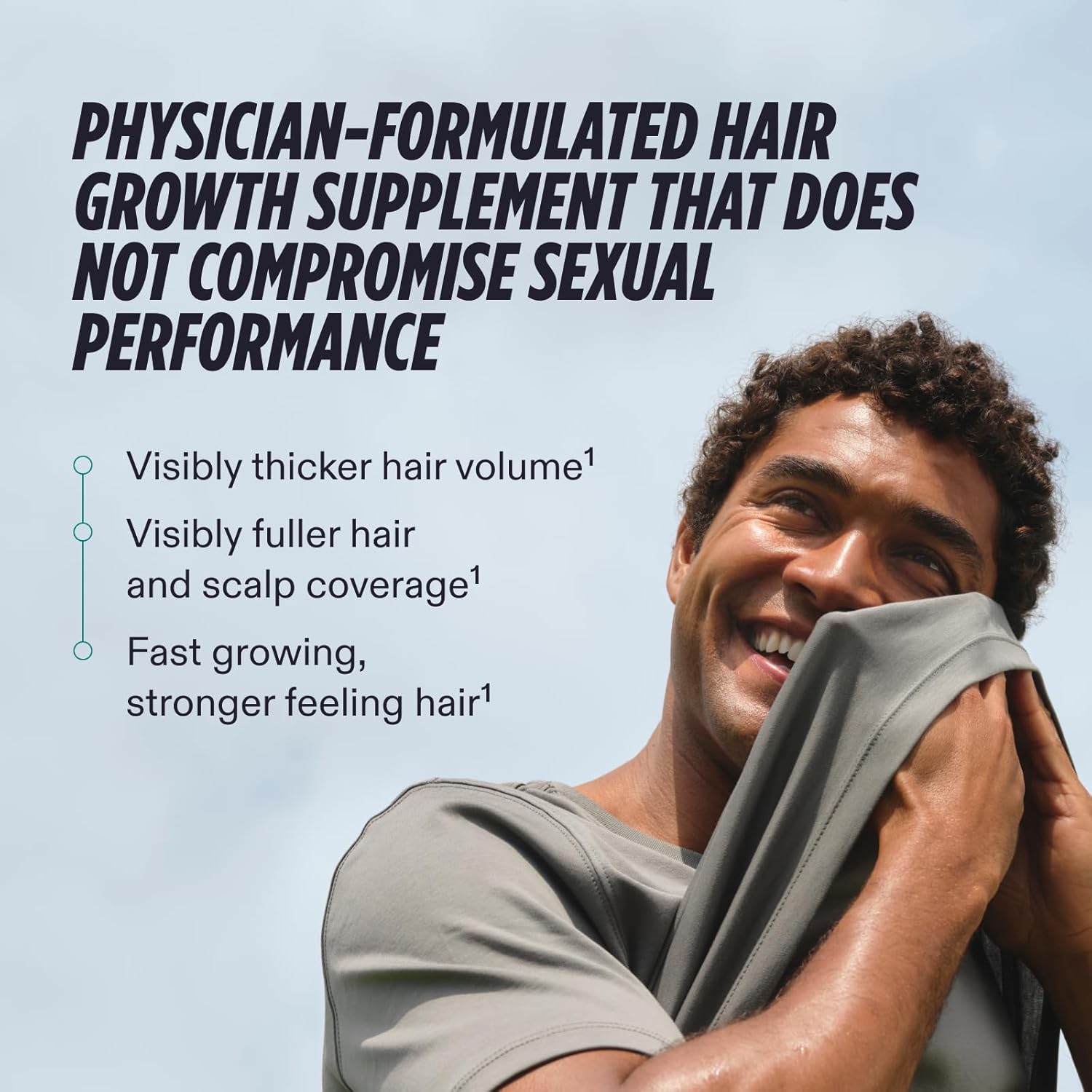Highlights multiple benefits of the hair growth supplement, including increased volume, coverage, and strength, while emphasizing it does not compromise…