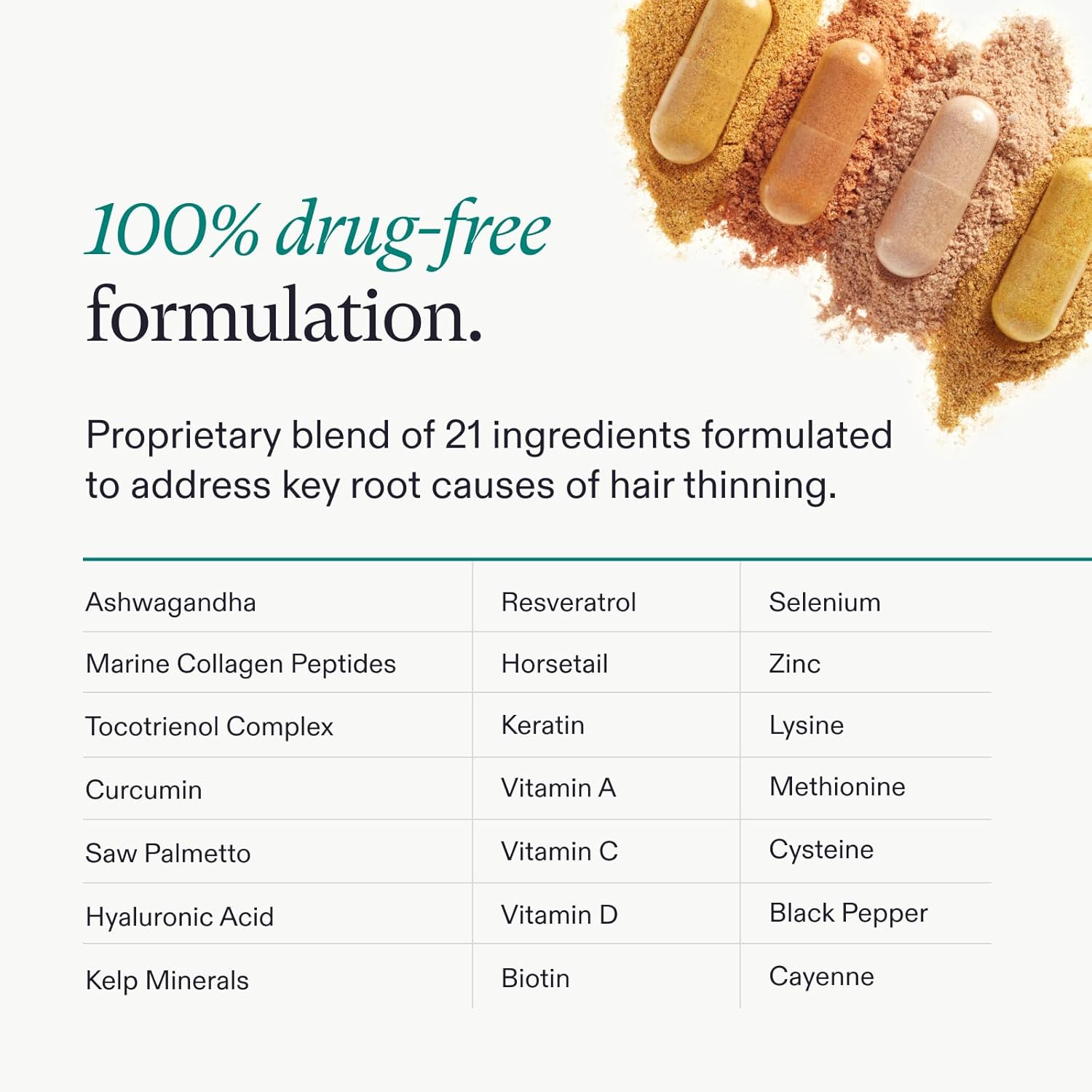 Highlights the product's natural, drug-free formulation containing 21 ingredients designed to target the key reasons behind hair thinning.