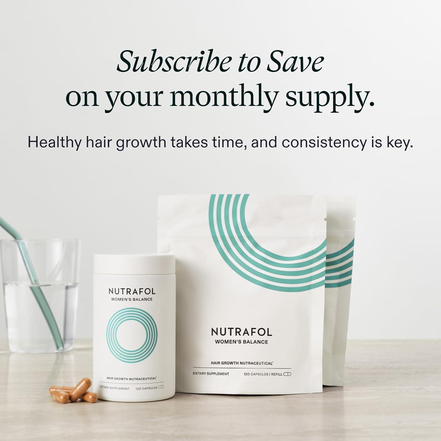 Promotes the subscription option to save money on monthly supply of the hair growth supplement.