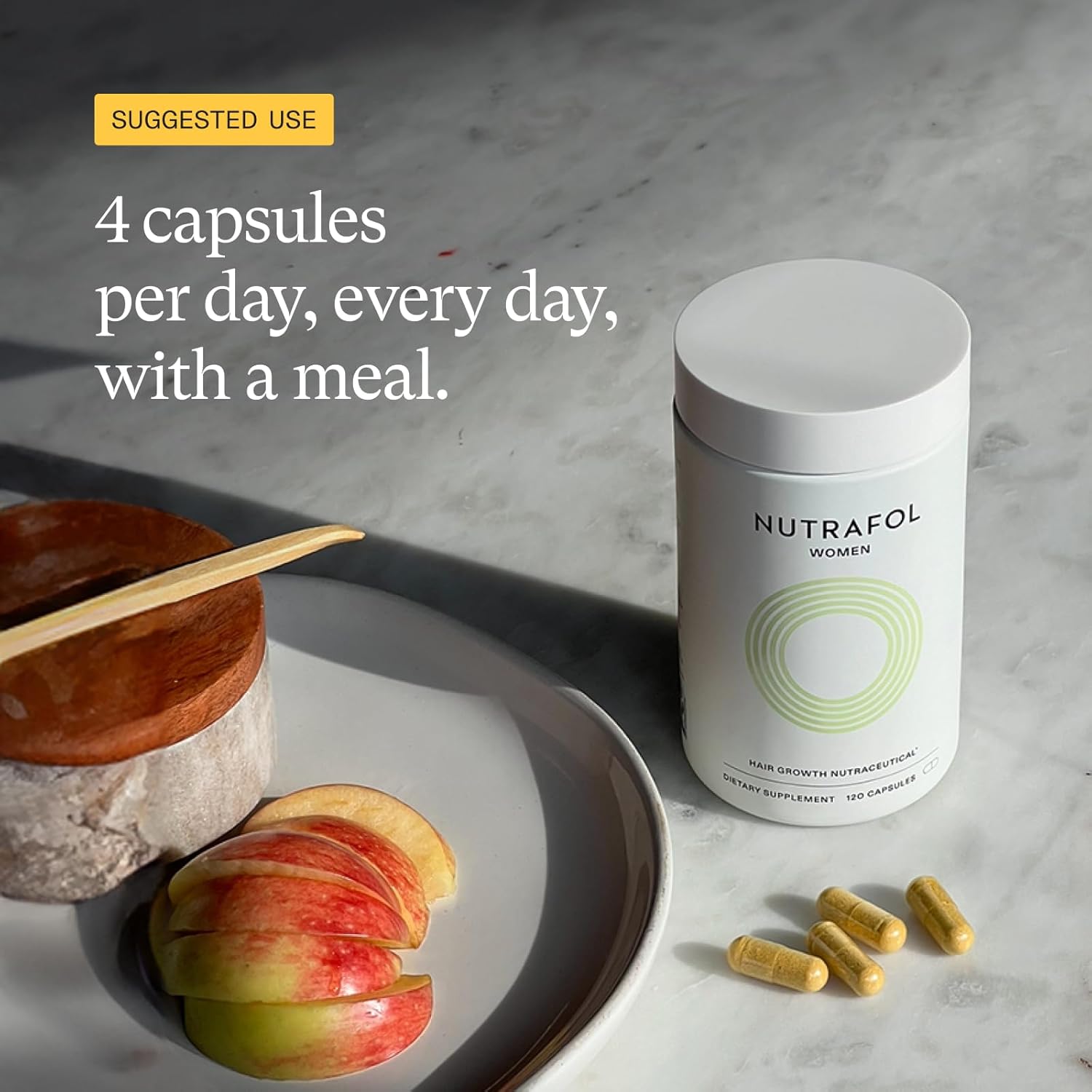 Provides clear instructions on how to take the supplement, specifying the recommended dosage of 4 capsules per day with a meal.
