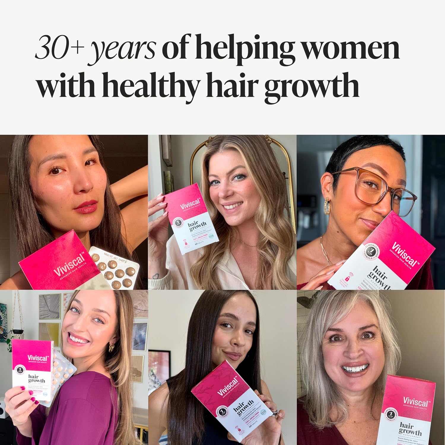 Showcases real customers using and holding the hair growth product, building social proof and relatability across different ages and ethnicities.