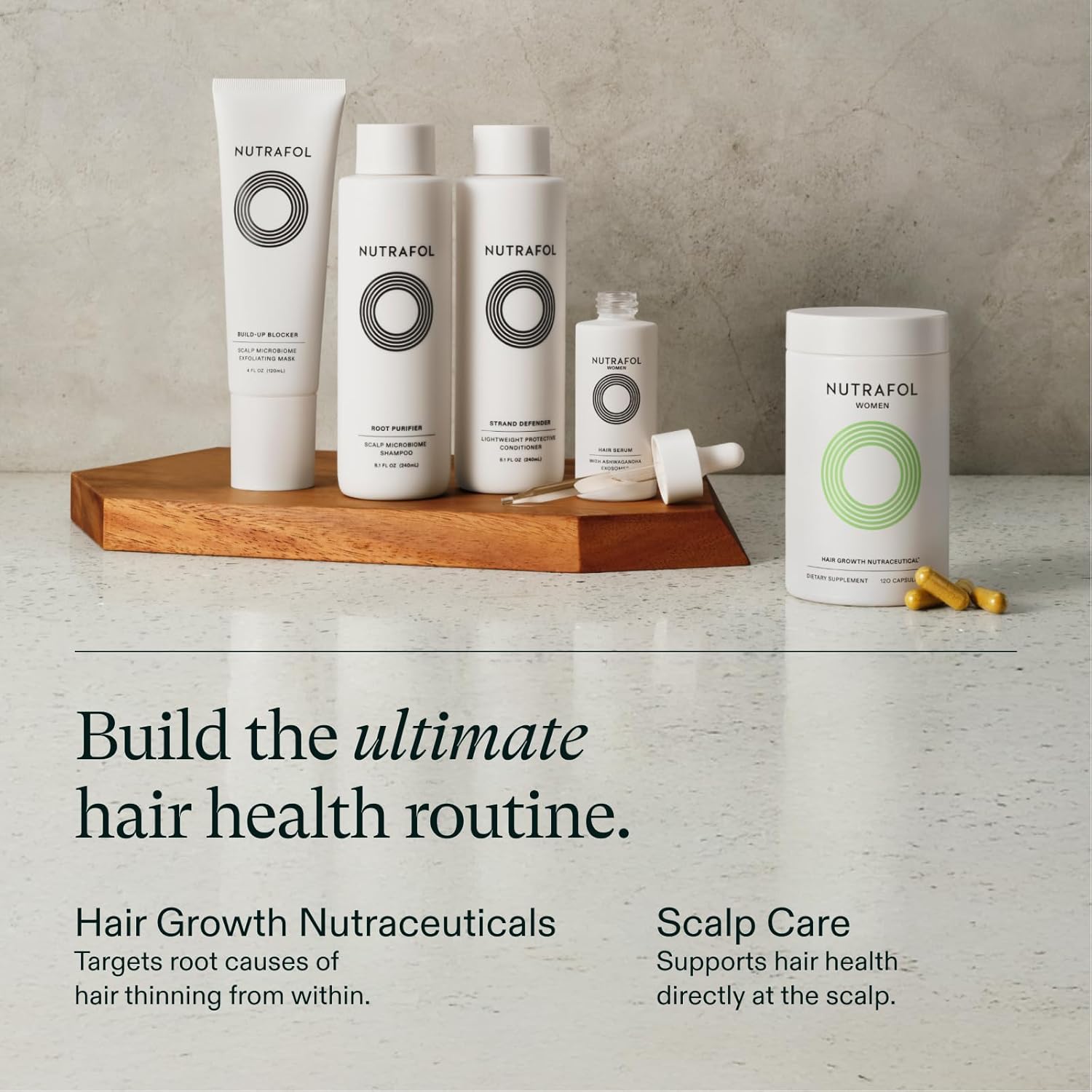 Shows the full range of products included in the hair health routine system, highlighting the nutraceuticals for hair growth and scalp care products.