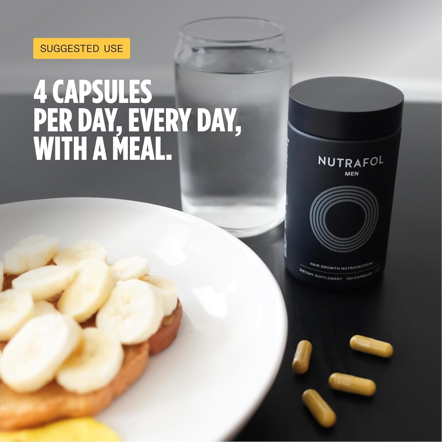 Provides clear instructions on how to take the supplement, specifying the recommended dosage of 4 capsules per day with a meal.