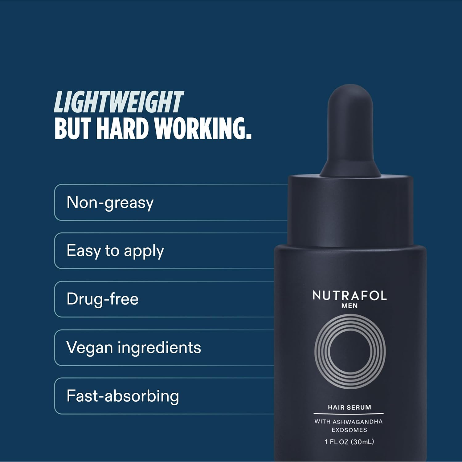 Highlights multiple key features and benefits of the hair serum product, such as being non-greasy, easy to use, drug-free, vegan, and fast-absorbing.