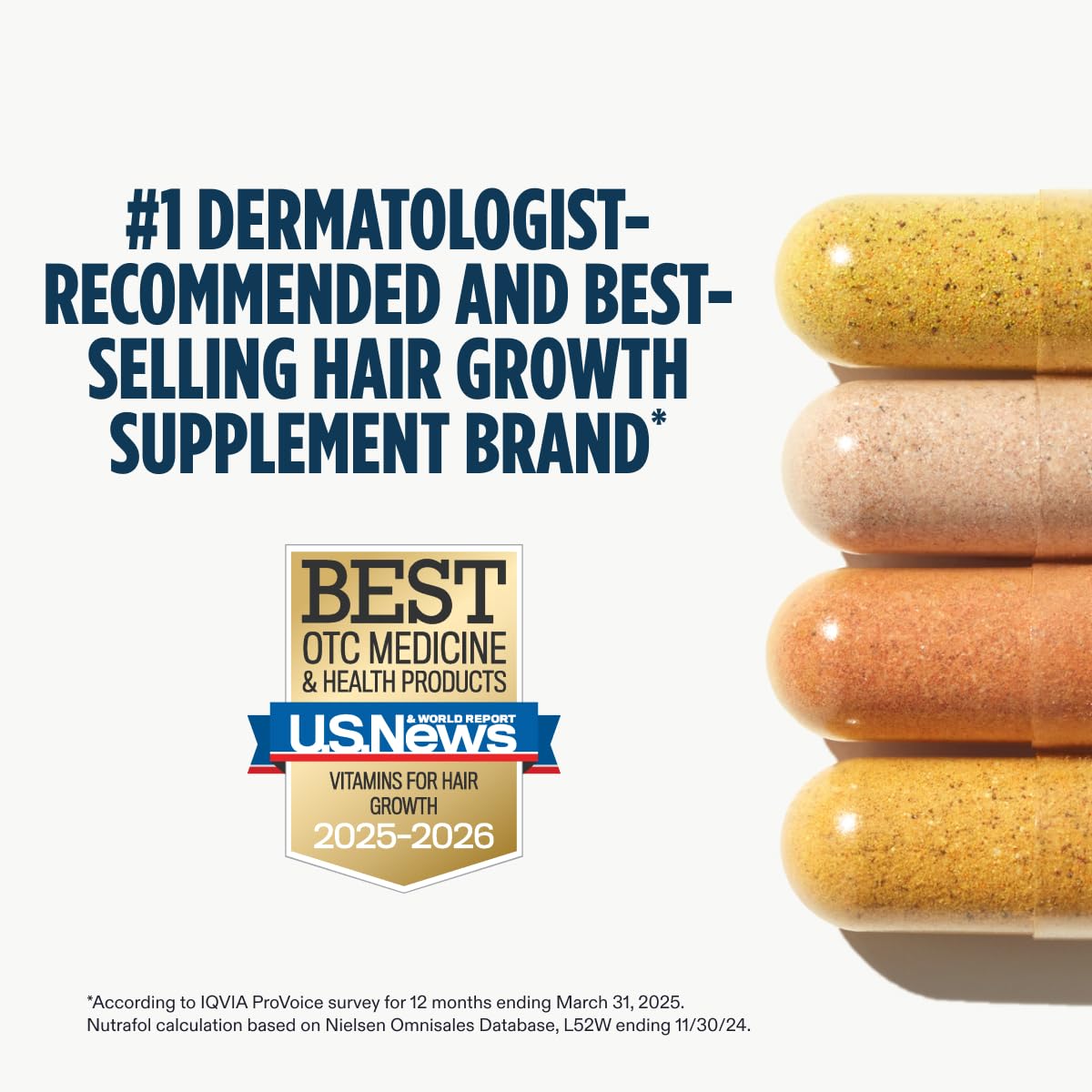 Highlights the brand's recognition as the #1 dermatologist-recommended and best-selling hair growth supplement brand by U.S. News & World Report, building credibility and trust.
