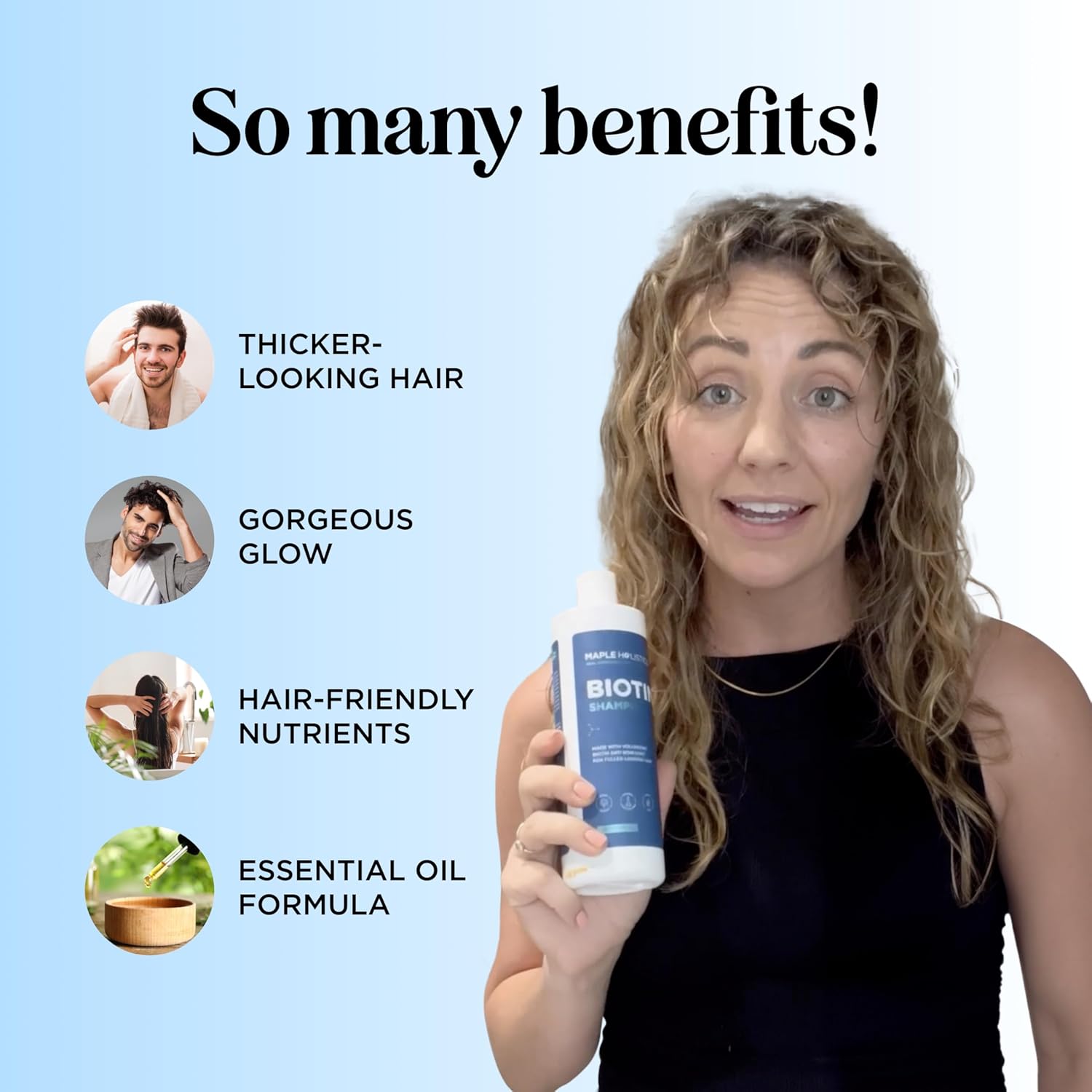 Showcases multiple benefits of the hair product such as thicker hair, glowing appearance, nourishing ingredients, and essential oil formula.