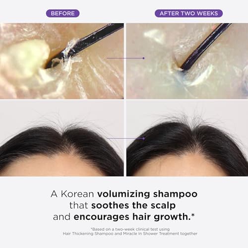 Visually demonstrates the volumizing and hair growth benefits of using the Korean shampoo product after two weeks.