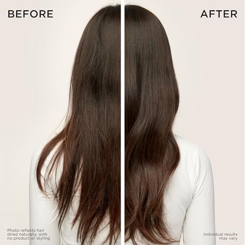 Visually demonstrates the product's effectiveness in smoothing and defrizzing hair by showing a before and after comparison.