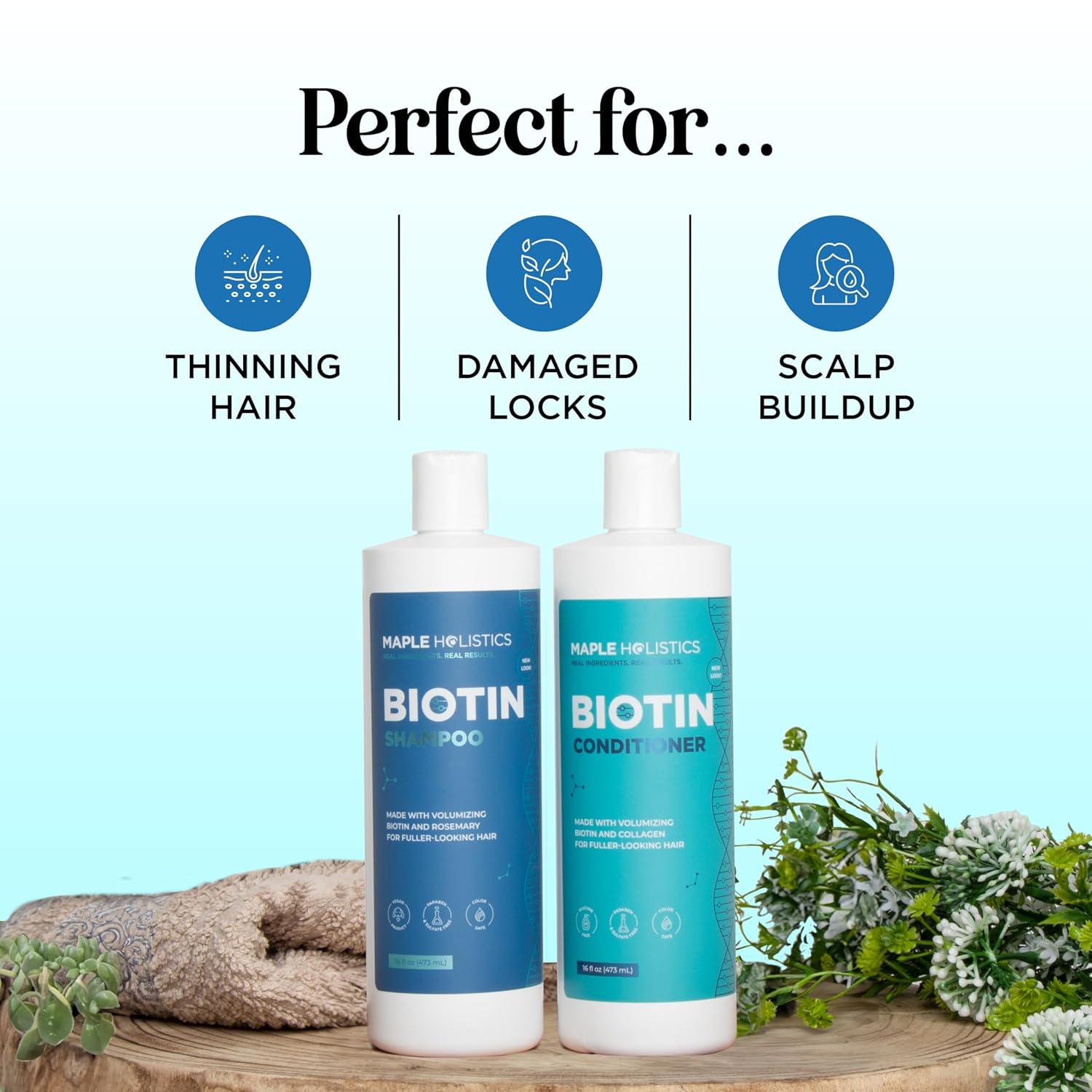 Demonstrates the different hair and scalp issues that the biotin shampoo and conditioner products are effective for addressing.