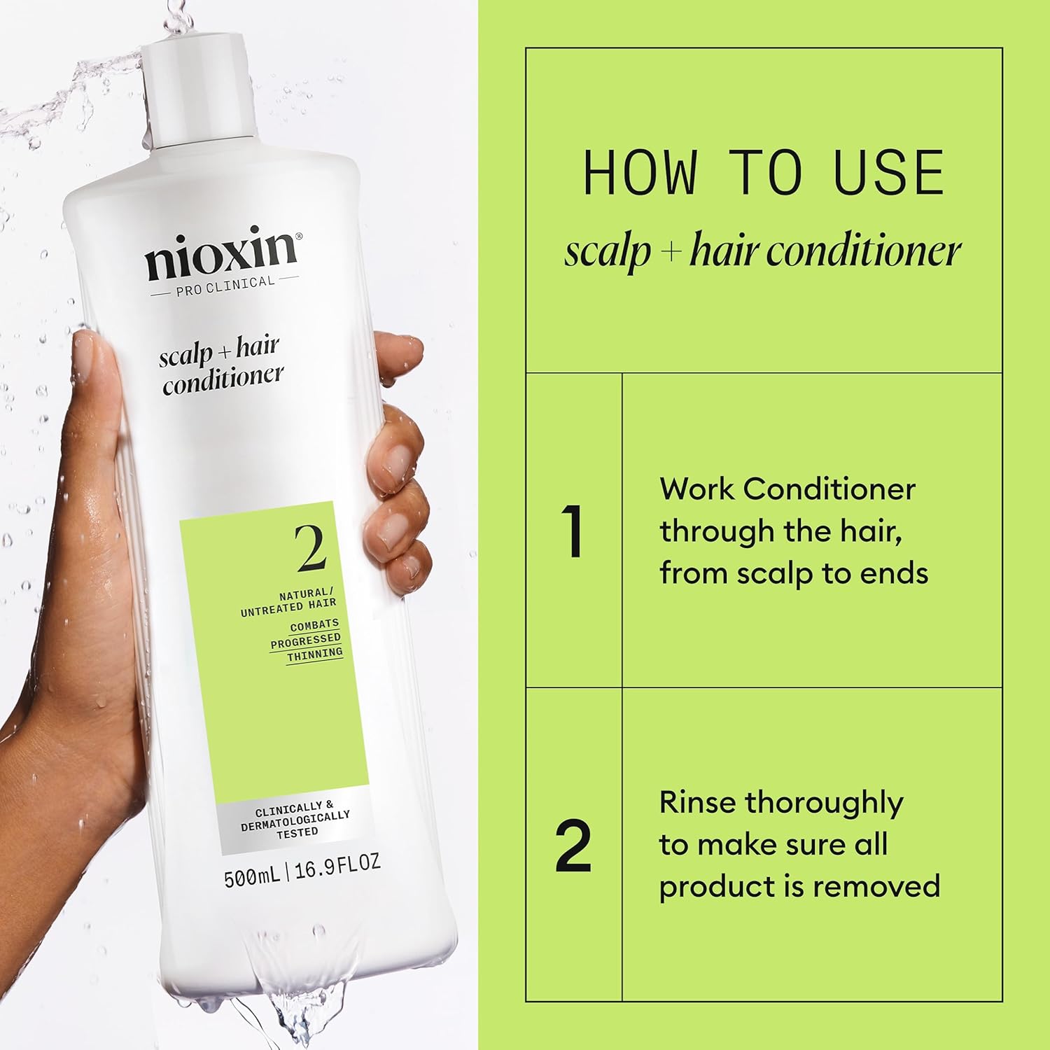 Provides step-by-step instructions on how to properly use and apply the scalp and hair conditioner product.