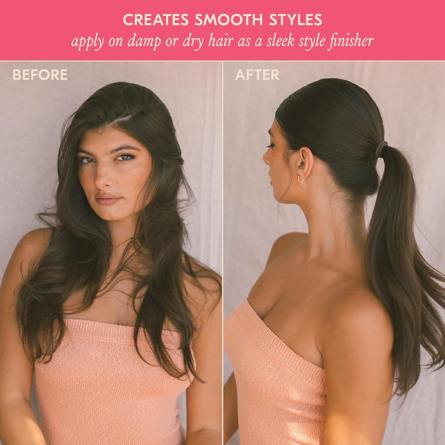 Visually demonstrates the product's ability to create a smooth, sleek hairstyle by showing before and after results.