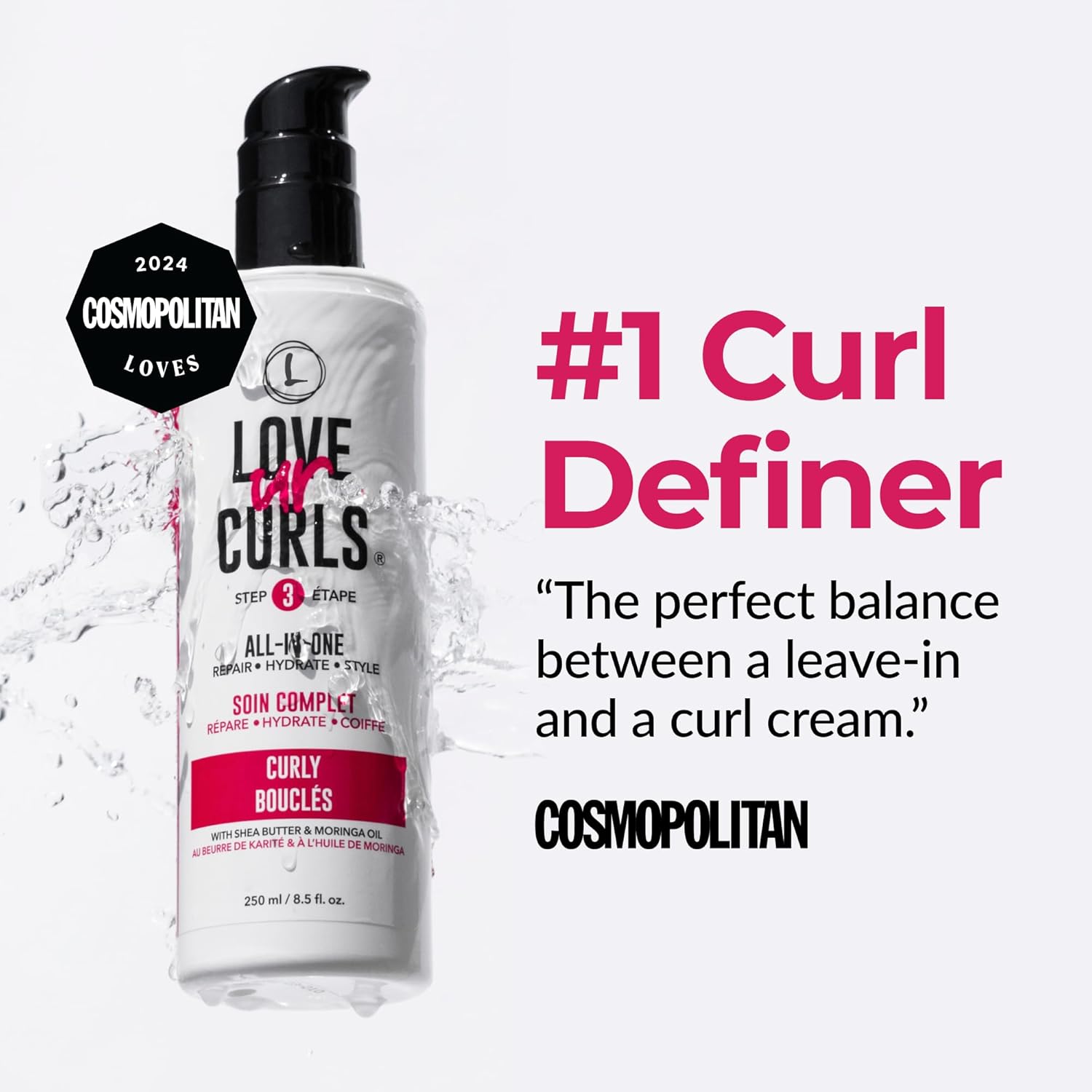 Showcases a positive review from Cosmopolitan magazine endorsing the product as the #1 curl definer, helping build trust and credibility.
