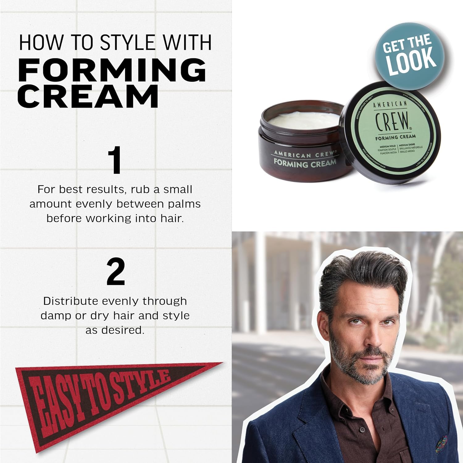 Provides step-by-step instructions on how to properly use the forming cream product for styling hair.