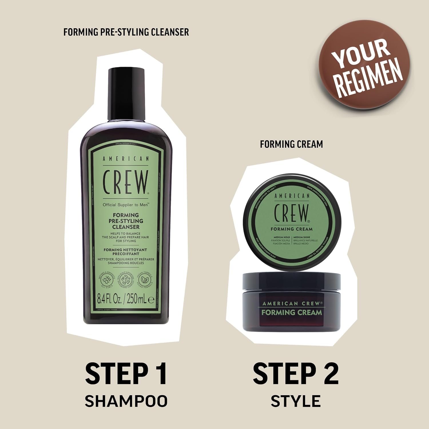 Explains the two-step process for using the pre-styling cleanser and forming cream to style hair.
