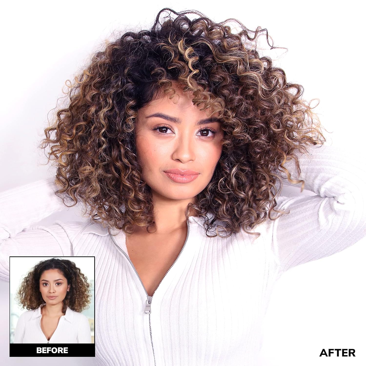 Showcases the transformative results achieved by using the product, with more voluminous and defined curls in the 'After' image.
